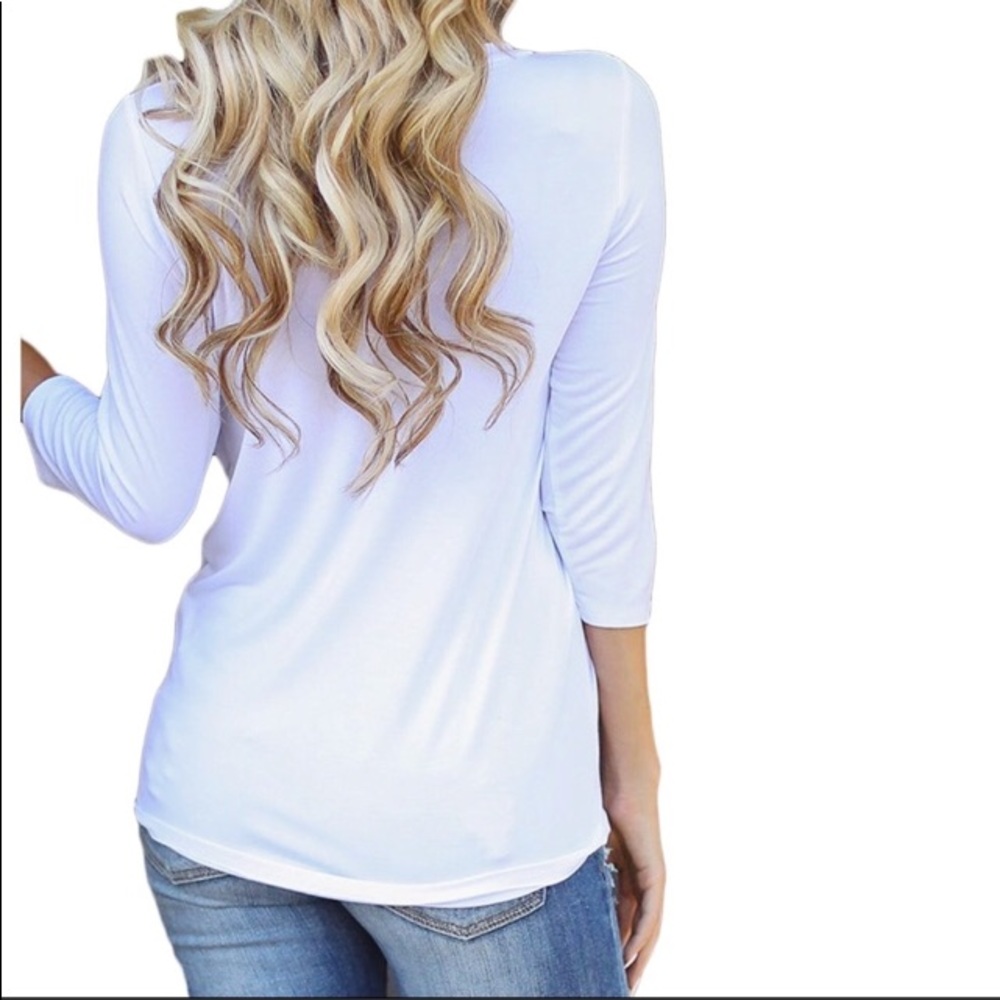 Asymmetrical 3/4 Sleeve Button Detail Top White - Picture 2 of 6
